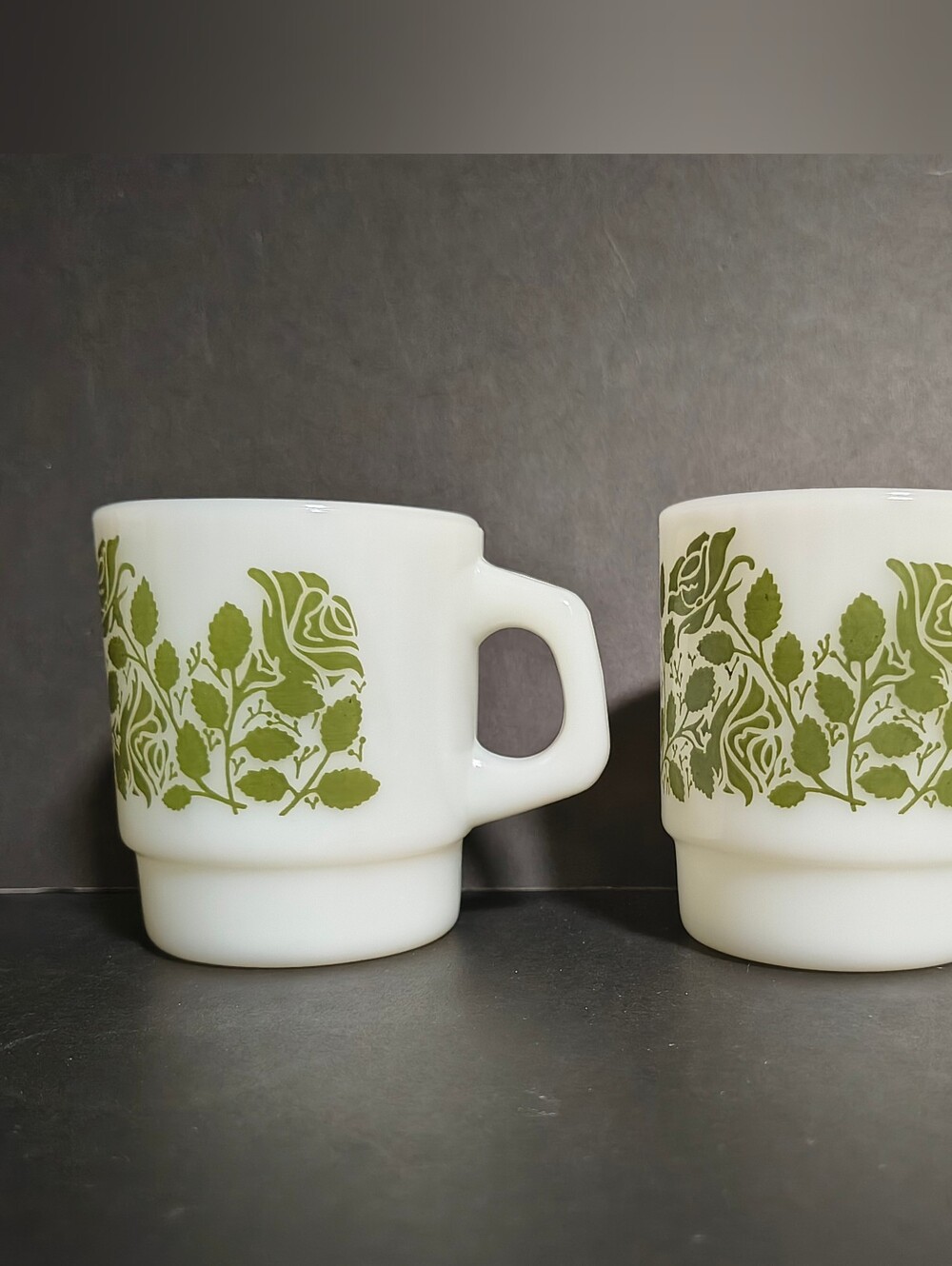 Vtg Anchor Hocking Fire King Rose Garden Green Milk Glass Stackable Mug Set of 2